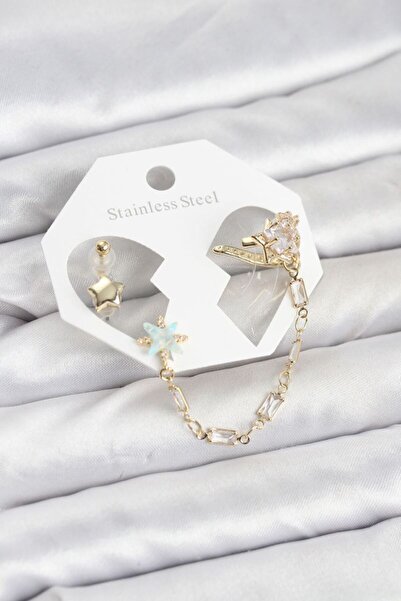 norsary Star Model Brass Gold Color Chain Linked Ear Cuff Earring Set