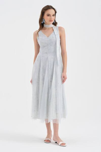 tw3 Women's Scarf Detailed Lined Sleeveless Design Long Dress