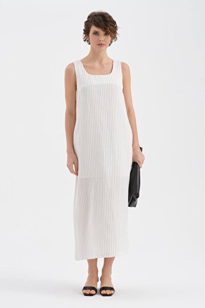 tw3 Γυναικείο μακρύ φόρεμα από 100% λινό, ριγέ, αμάνικο σχέδιο