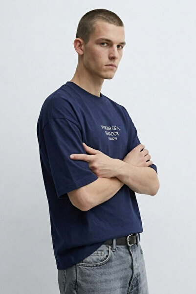 MATERIAL Men's Paradox Text Printed Oversize Navy Blue T-Shirt