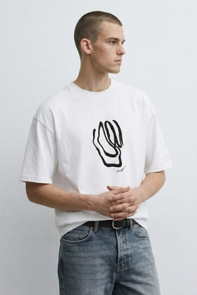 MATERIAL Men's Short Sleeve Patterned Oversize White T-Shirt