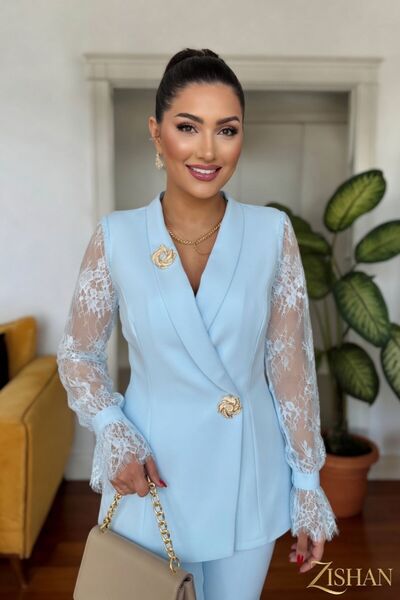 ZISHAN Güpür Kol Detaylı Kruvaze Blazer Ceket & Pantolon Takımı - Premium Kre...