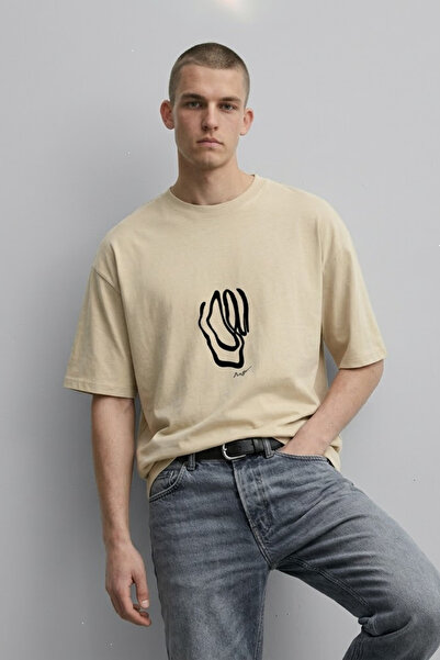 MATERIAL Men's Short Sleeve Patterned Oversize Beige T-Shirt