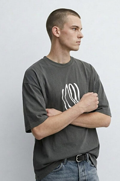 MATERIAL Men's Short Sleeve Patterned Oversize Smoked T-Shirt