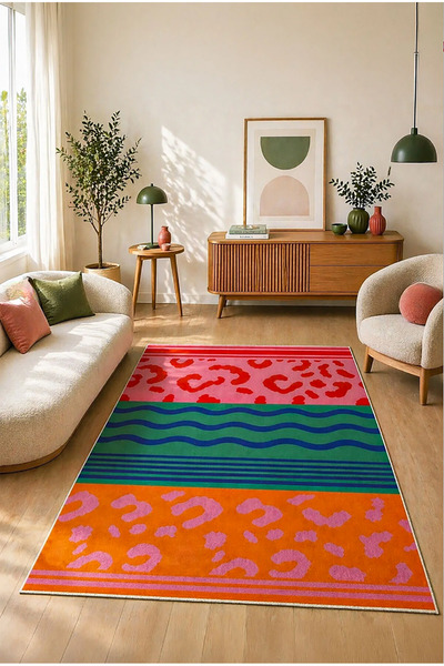 Decomia Home Dijital Kaymaz Yıkanabilir Renkli Çiçek Desenli Salon Halısı Mut...