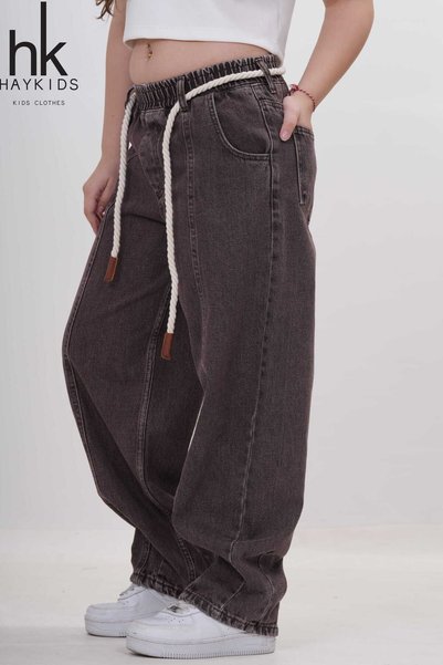 HayKids Girl's Brown Wide Leg Pants with Elastic Waist and Rope Detail Baggy Denim Jeans