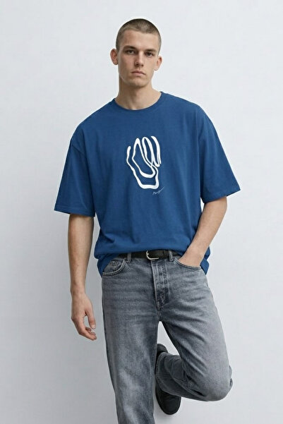 MATERIAL Men's Short Sleeve Patterned Oversize Blue T-Shirt