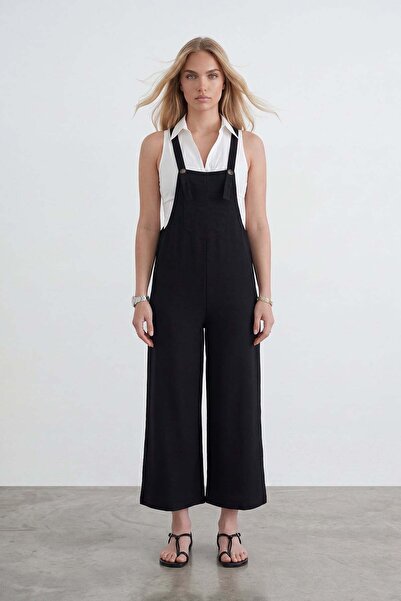 Trend Alaçatı Stili Γυναικεία Μαύρη Ολόσωμη Φόρμα Gabardine με 1 Μπροστινή Τσ...