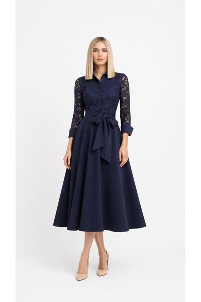 SERAVENZA COUTURE Maxi Boy Üst Dantel Kaplamalı Şık Gömlek Elbise COU-122
