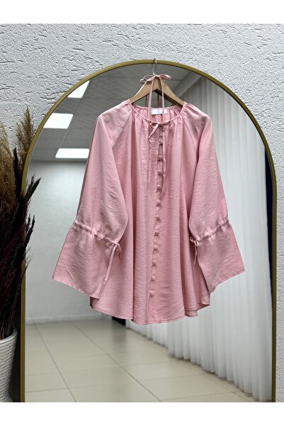 MİHRA STORE Πουκάμισο Nurşen με στριφτή ραφή στο μανίκι - ZN2098 Ροζ