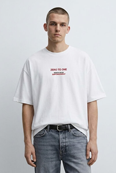 MATERIAL Men's Zero Text Printed Oversize White T-Shirt
