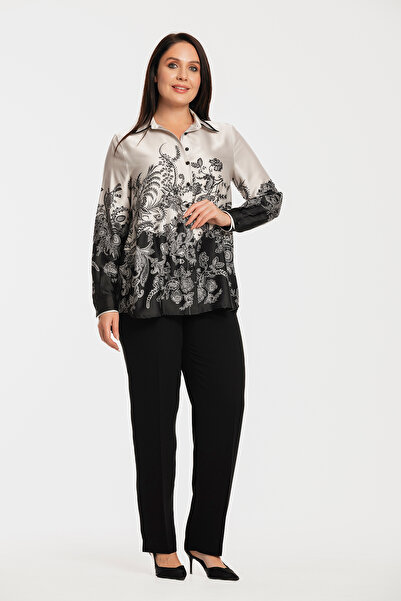 MİYORO Digital Print Detailed Plus Size Satin Shirt