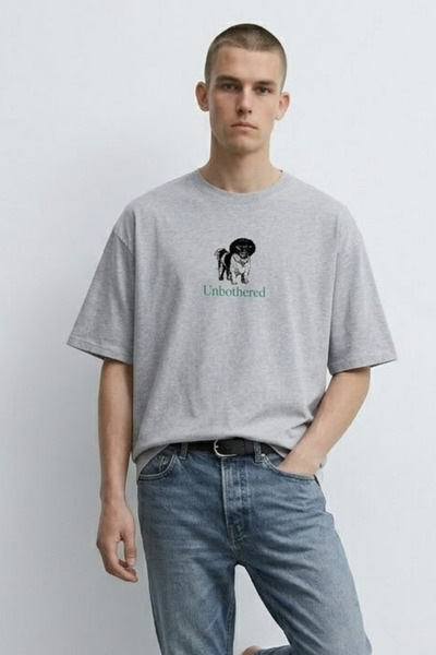 MATERIAL Ανδρικό μπλουζάκι με στάμπα σκύλου σε γκρι χρώμα oversize