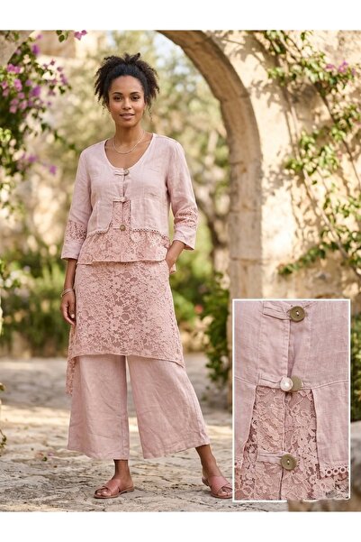 Rabiossa Women's Imported Linen Suit with Lace Detail