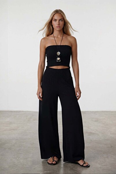 Trend Alaçatı Stili Γυναικείο Μαύρο Παντελόνι με Φαρδιά Μπατζάκια και Κορδόνι...