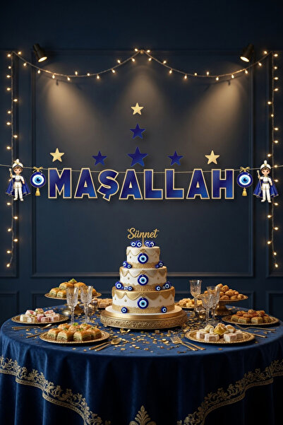 DODOMAR Maşallah Yazılı Sünnet Banner Mavi Gold 160 cm Sünnet Süsü Parti Deko...