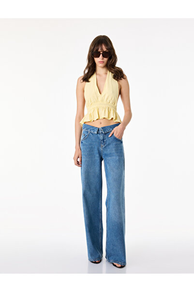 Koton Τζιν παντελόνι με φαρδιά μπατζάκια, κανονική μέση, λεπτομέρεια διπλώματ...