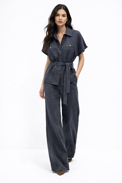 QİMYA BUTİK EGZOTİK ASORTİK Γυναικείο κοντομάνικο πουκάμισο με ζώνη και κουμπ...