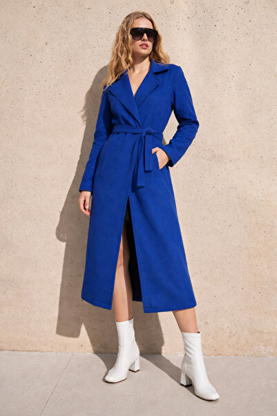 hacker Women's Premium Double-Breasted Collar Blue Long Cashmere Coat