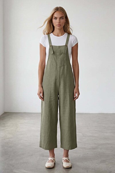 Trend Alaçatı Stili Γυναικεία πράσινη φόρμα Gabardine με τσέπες μπροστά και τ...