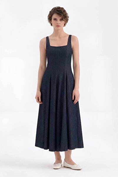 tw3 Γυναικείο μακρύ φόρεμα από ύφασμα τζιν, αμάνικο σχέδιο, πλυμένο με νερό