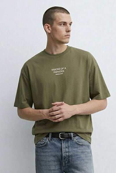 MATERIAL Men's Paradox Text Printed Oversize Khaki T-Shirt