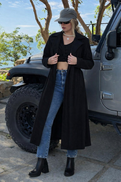 hacker Women's Winter Double-Breasted Collar Basic Black Midi Cashmere Coat