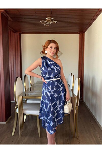 Arwey Women's One-Shoulder Satin Shirt Suit Blue