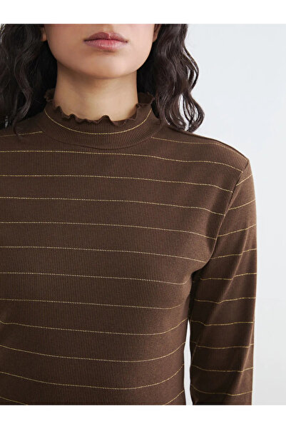 LC Waikiki Καφέ Φρούστρα με βολάν ψηλός λαιμός Ριγέ Γυναικείο κορμάκι