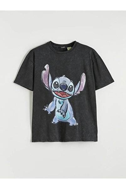 LC Waikiki Γυναικείο μπλουζάκι Anthracite Crew Neck Stitch με τύπωμα