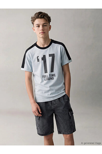 LC Waikiki Γκρι μπλουζάκι με λαιμόκοψη με τύπωμα για αγόρια