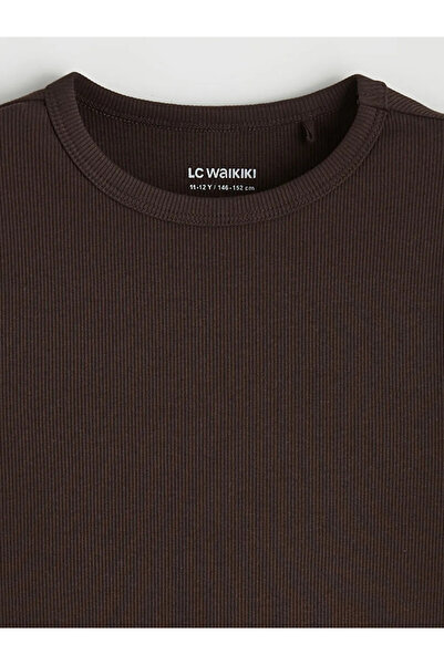 LC Waikiki Καφέ μπλουζάκι για κορίτσια με λαιμόκοψη ποδηλάτου και ριμπ ύφανση