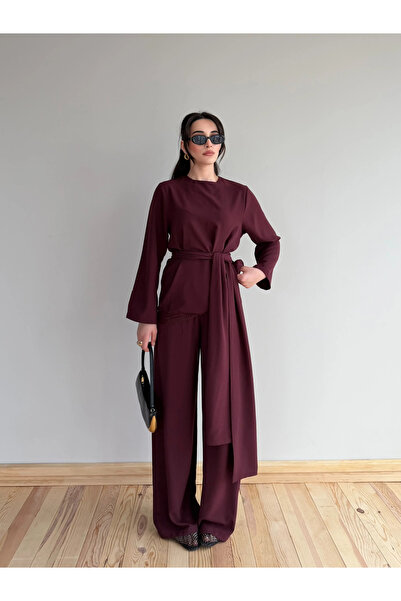 Laluvia Burgundy Belted Lace Detailed Blouse and Trousers Set - 8006