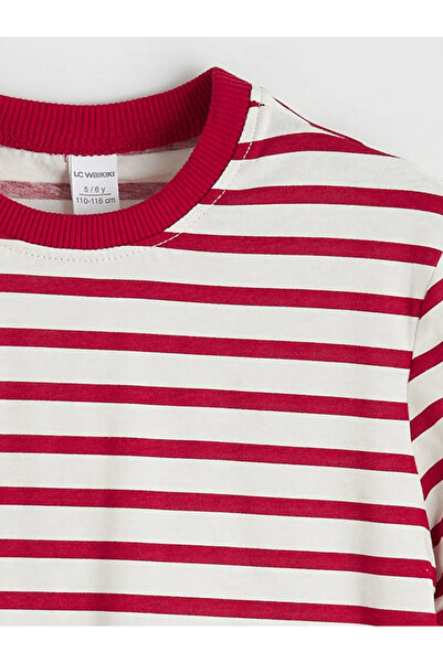 LC Waikiki Κόκκινο μπλουζάκι για αγόρια με ριγέ λαιμόκοψη