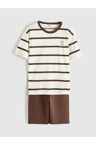 LC Waikiki Καφέ ριγέ μπλουζάκι και σορτς για αγόρια