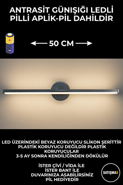 SatışMax Modern Dekoratif Led Duvar Aplik 50 Cm Siyah 1 Adet PİLLİ GÜNIŞIĞI IŞIK
