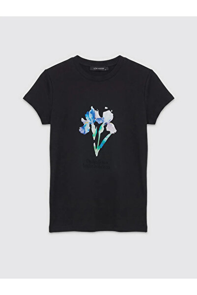 LC Waikiki Γυναικείο μπλουζάκι Anthracite Crew Neck με στάμπα λουλουδιών