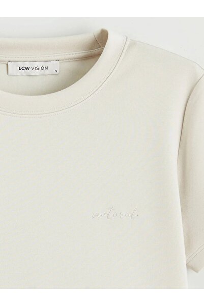 LC Waikiki Γκρι γυναικείο μπλουζάκι με λαιμόκοψη ποδηλάτου και κέντημα, απαλή...