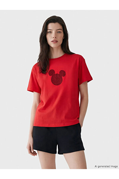 LC Waikiki Κόκκινο γυναικείο μπλουζάκι με στάμπα Mickey Mouse