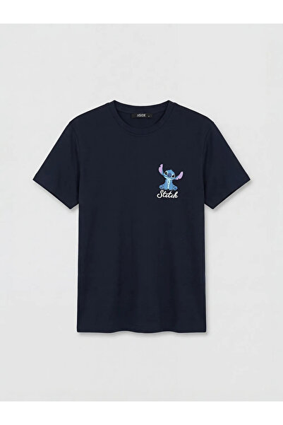 LC Waikiki Γυναικείο μπλουζάκι με στάμπα Navy Blue Crew Neck Stitch