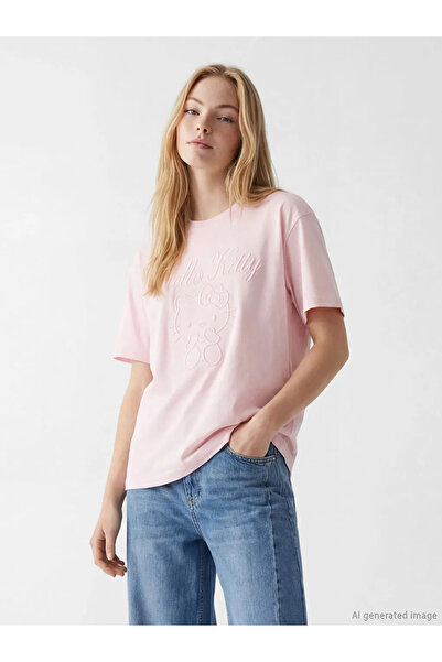 LC Waikiki Ροζ γυναικείο μπλουζάκι με λαιμόκοψη ποδηλάτου και κέντημα Hello K...