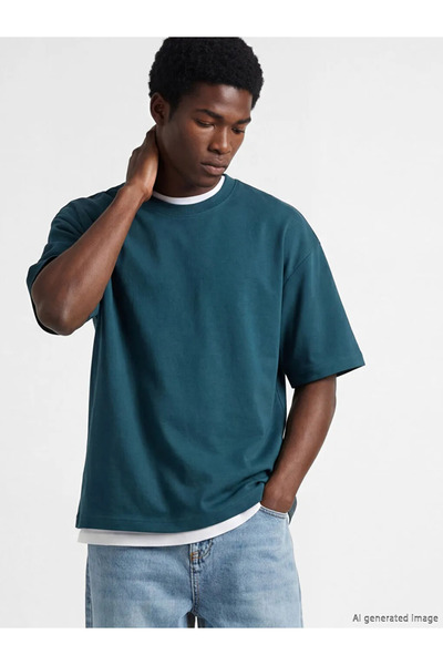 LC Waikiki Petrol 100% Cotton Boxy Fit Basic Thick T-Shirt