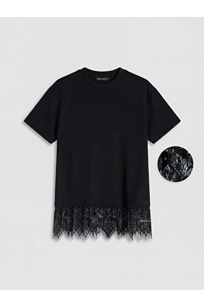 LC Waikiki Μαύρο γυναικείο μπλουζάκι με δαντέλα και λεπτομέρειες, απαλής υφής