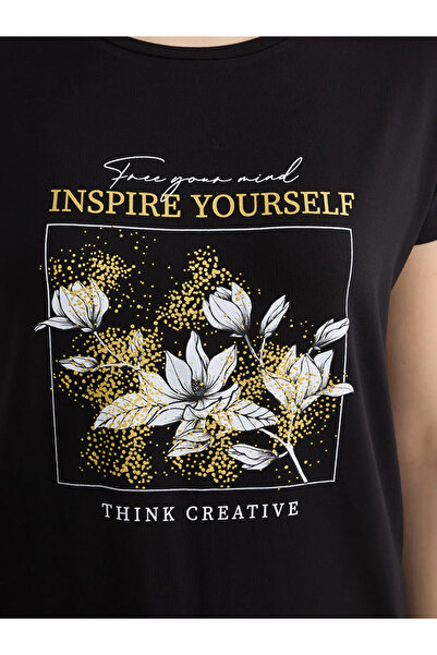 LC Waikiki Γυναικείο μπλουζάκι με στάμπα μαύρο Crew Neck