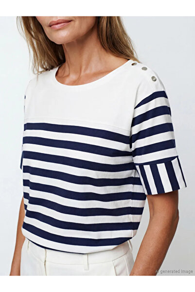 LC Waikiki Γυναικείο μπλουζάκι με ριγέ μπλε Navy Crew λαιμόκοψη