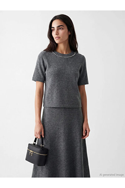 LC Waikiki Γυναικείο μπλουζάκι Anthracite Crew Neck Stone