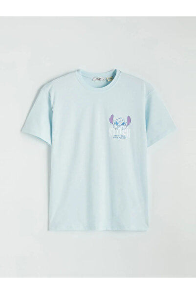 LC Waikiki Γυναικείο μπλουζάκι με στάμπα Blue Crew Neck Stitch