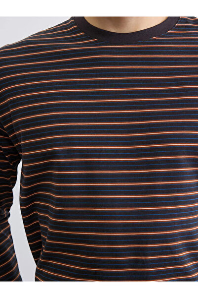 LC Waikiki Καφέ ανδρικό μπλουζάκι με λαιμόκοψη ποδηλάτου, μακρυμάνικο και ριγέ