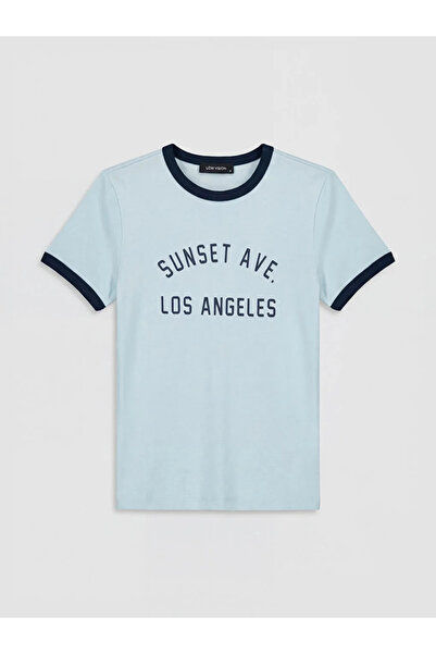 LC Waikiki Γυναικείο μπλουζάκι με στάμπα Los Angeles σε μπλε λαιμόκοψη