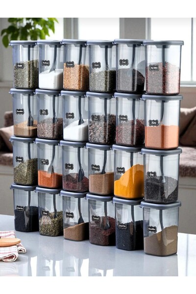 EBA HOME Set of 24 450ml Spice Containers with Labels and Lockable Self-Locking Spoons - with Label Gift
